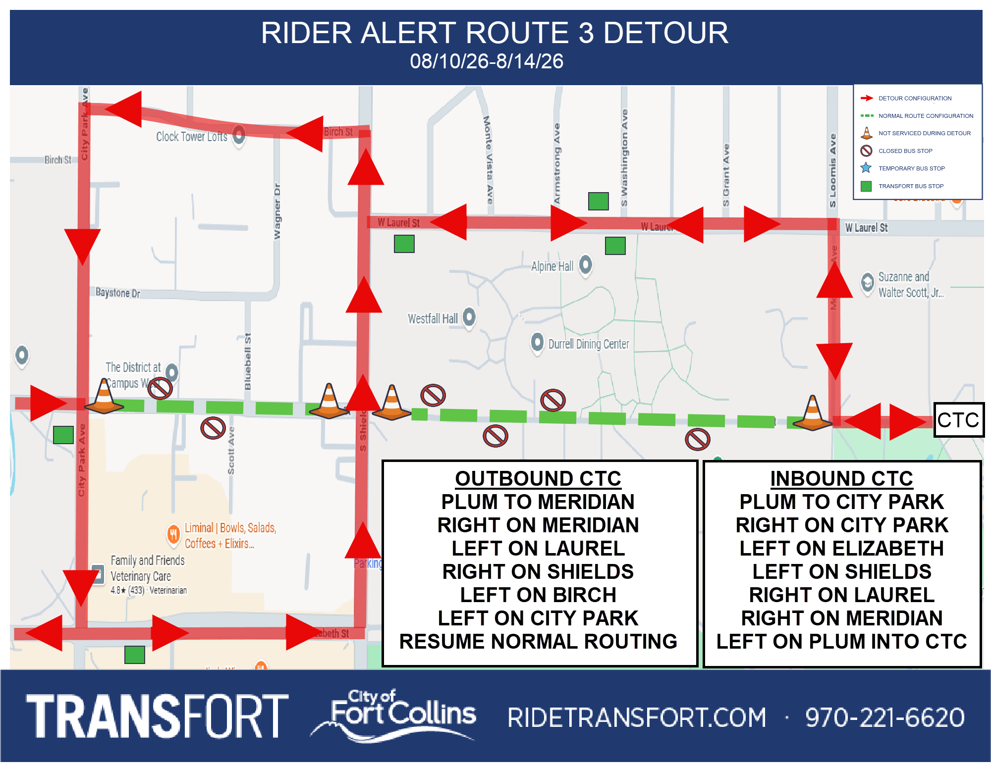 Outbound CTC: Plum to Meridian, Right on Meridian, Left on Laurel, Right on Shields, Left on Birch, Left on City Park, resume normal routing. Inbound CTC: Plum to City Park, Right on City Park, Left on Elizabeth, Left on Shields, Right on Laurel, Right on Meridian, Left on Plum into CTC.