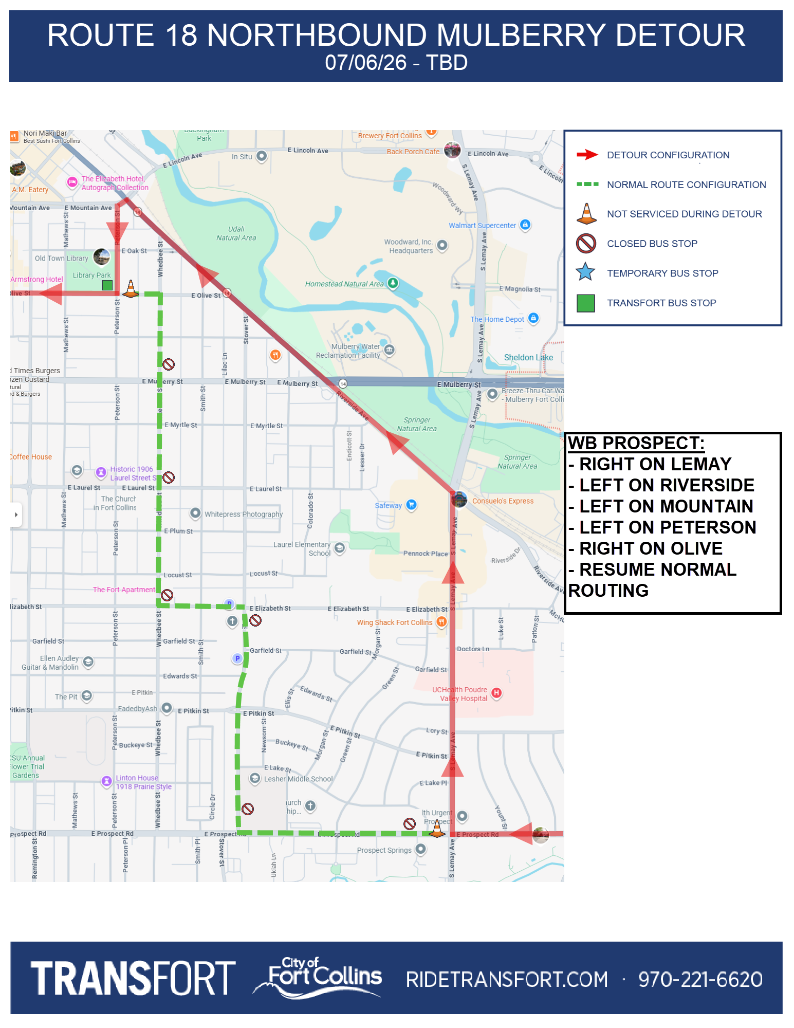 Detour Map Route 18 Northbound 7/6/26-TBD. Directions: Westbound on Prospect, Right on Lemay Ave, Left on Riverside Ave, Left on Mountain Ave, Left on Peterson St, Right on Olive