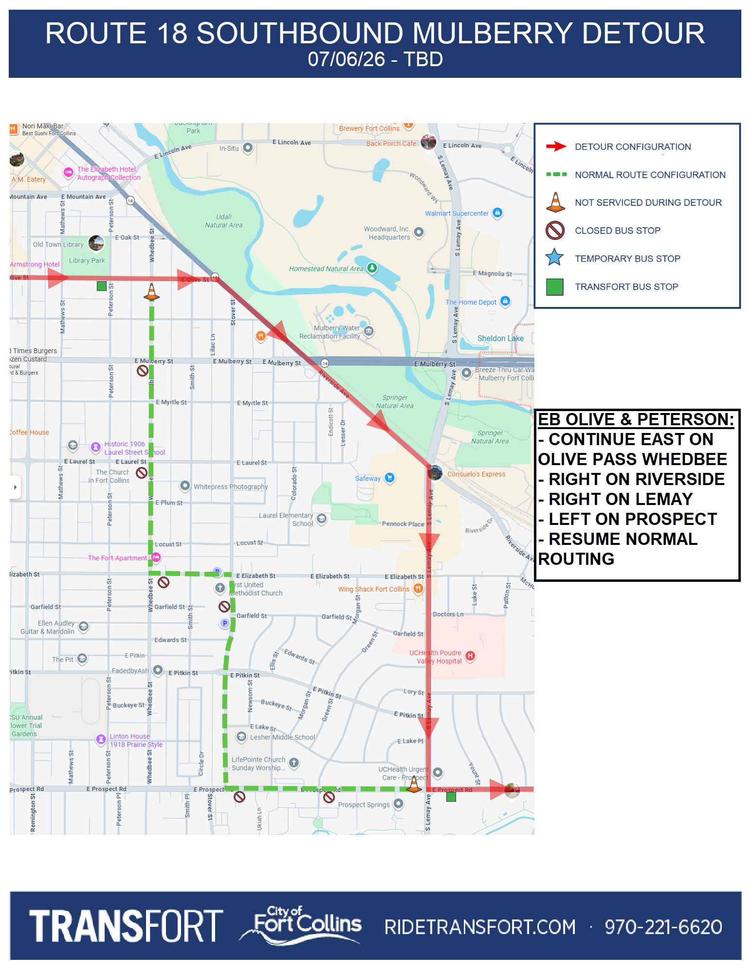 Detour Map Route 18 Southbound map, 7/6/26-TBD. Eastbound on Olive, Right on Riverside, Right on Lemay, Left on Prospect