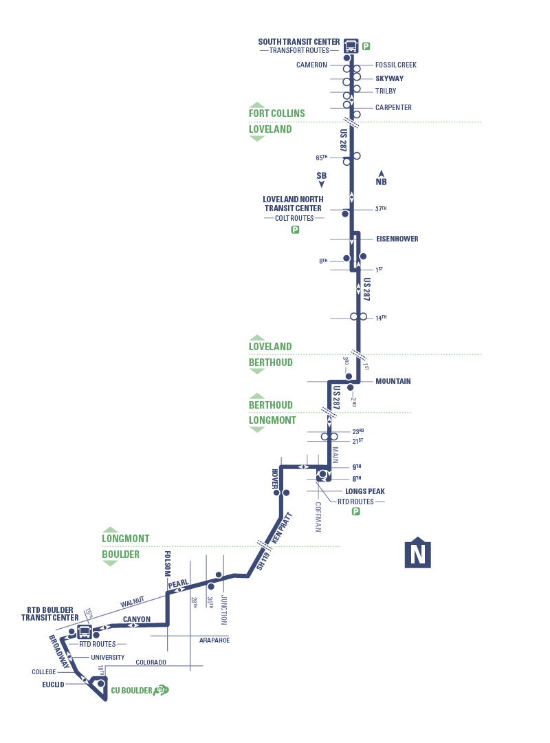 Flex Boulder Express - Fort Collins Downtown Transit Center to CU Boulder via US287 and SH119