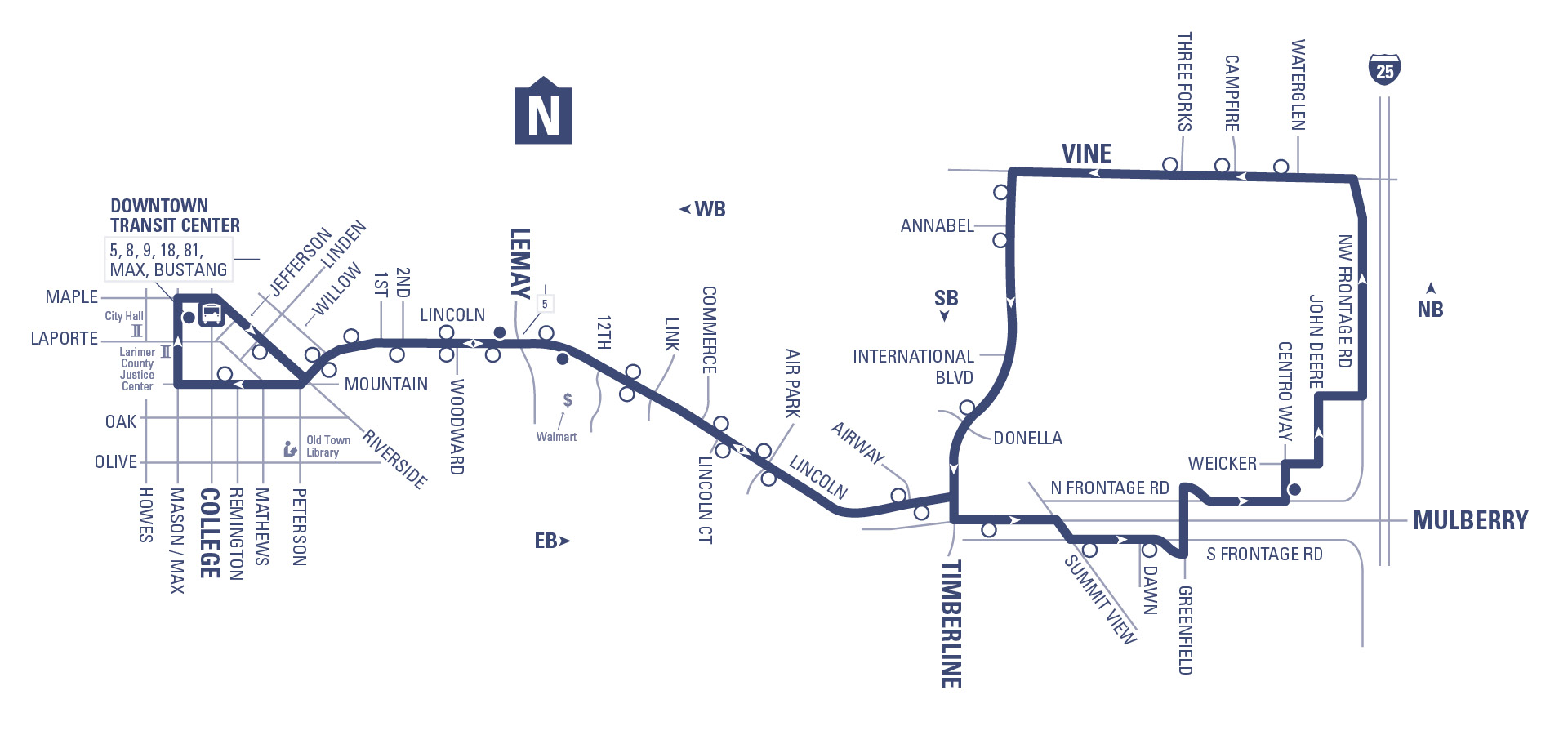Route 14 - Downtown Transit Center to I25 Frontage Road via Mulberry returning via Vine and Timberline