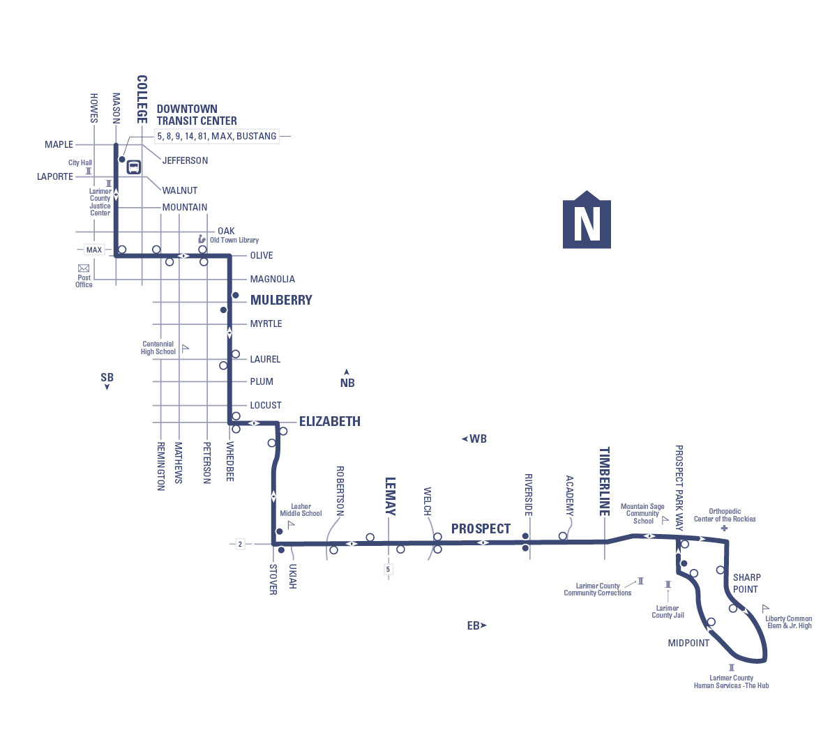 Route 18 - Downtown Transit Center to Midpoint via Olive, Whedbee, Elizabeth, Stover, and Prospect