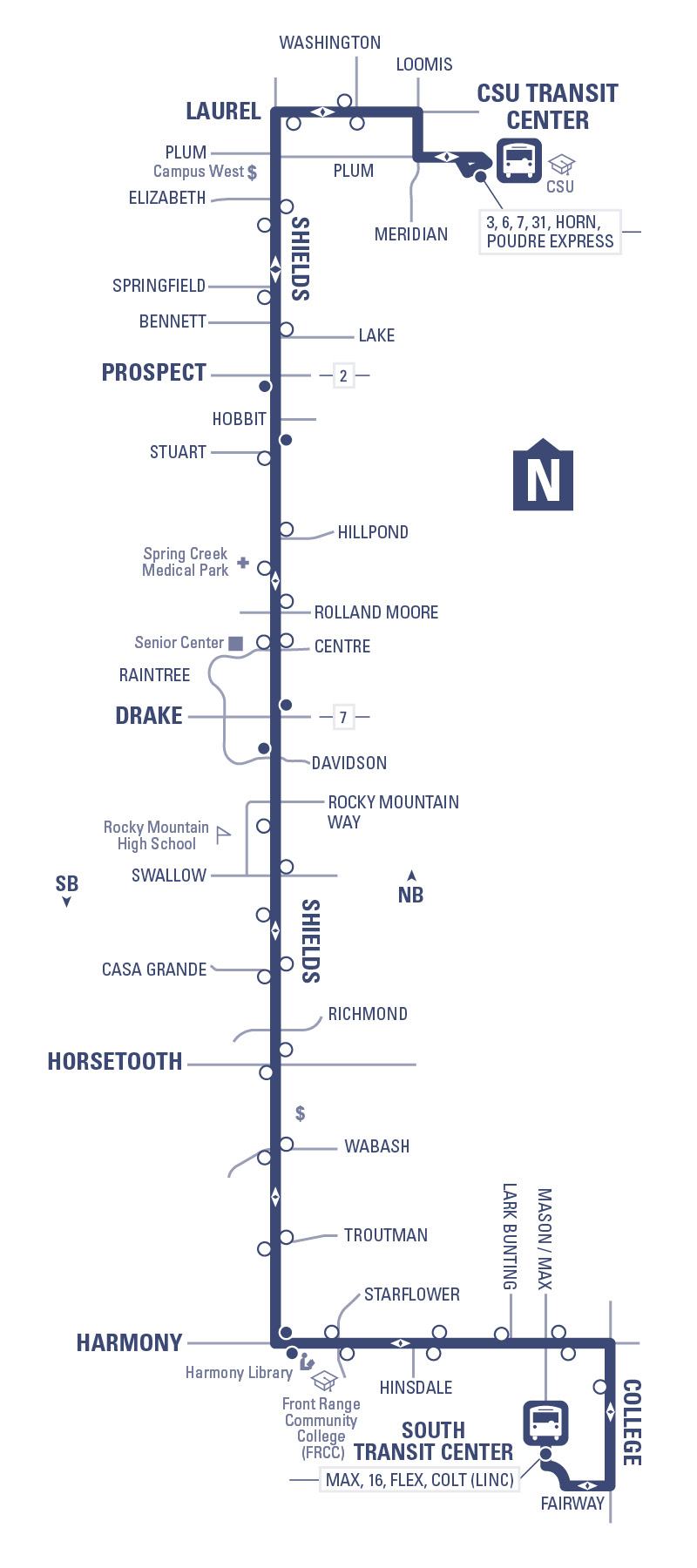 Route 19 - South Transit Center to CSU Transit Center via Shields