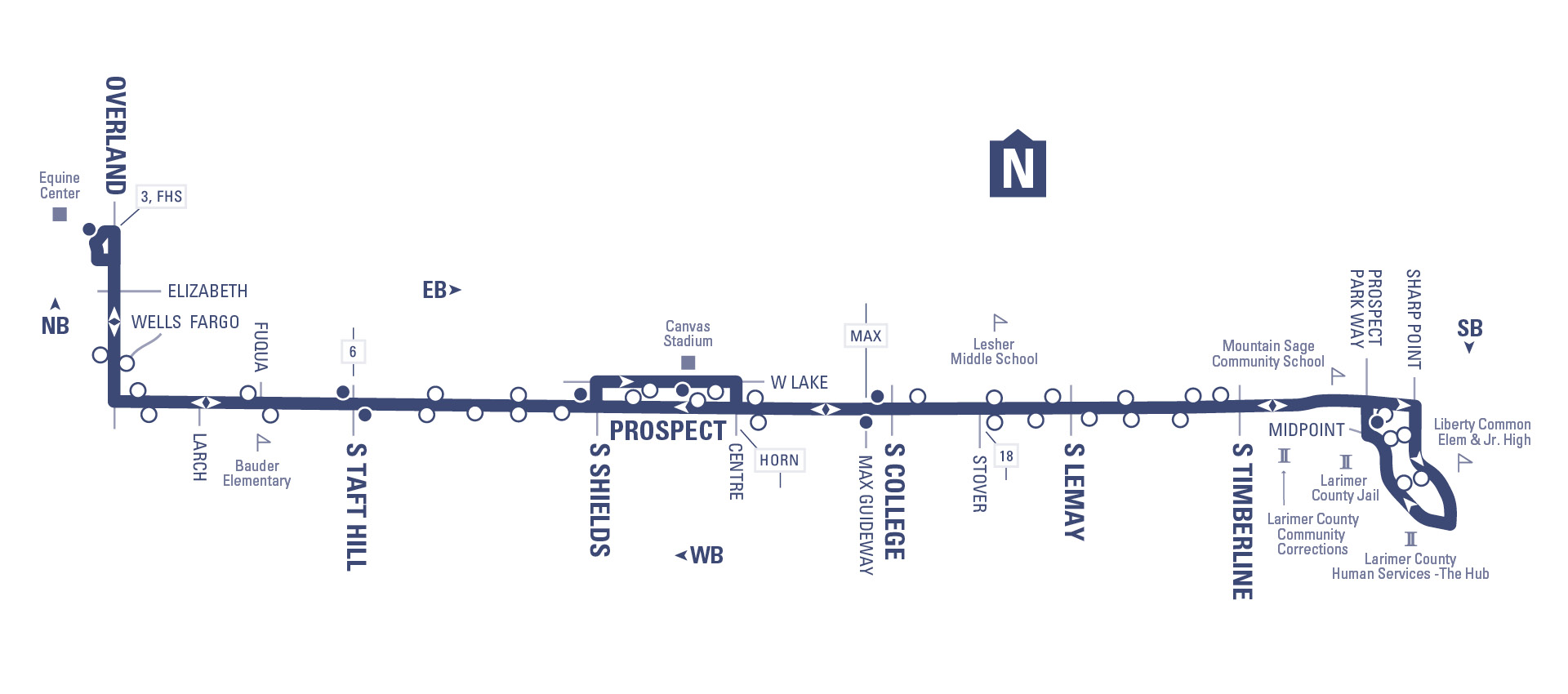 Route 2 - Equine Center to Lake and Midpoint via Overland and Prospect (eastbound) returning directly via Prospect (Westbound)