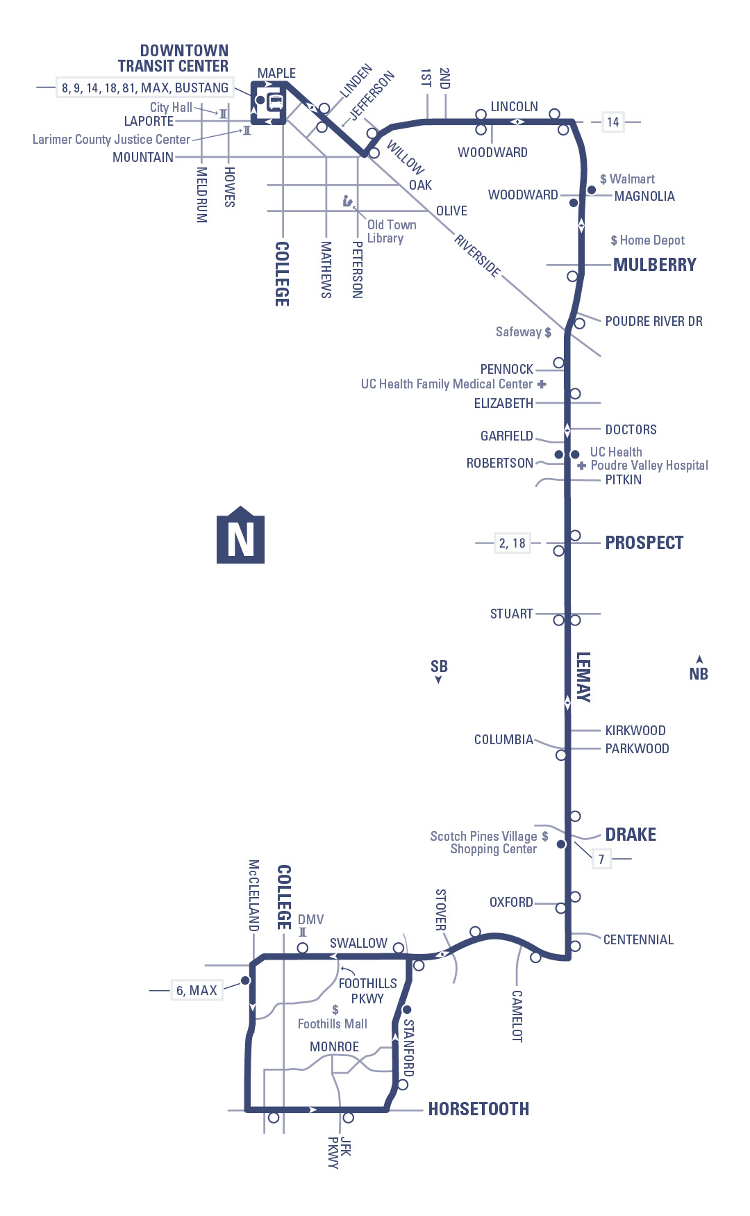 Route 5 - Downtown Transit Center to College and Horsetooth via Lincoln and Lemay