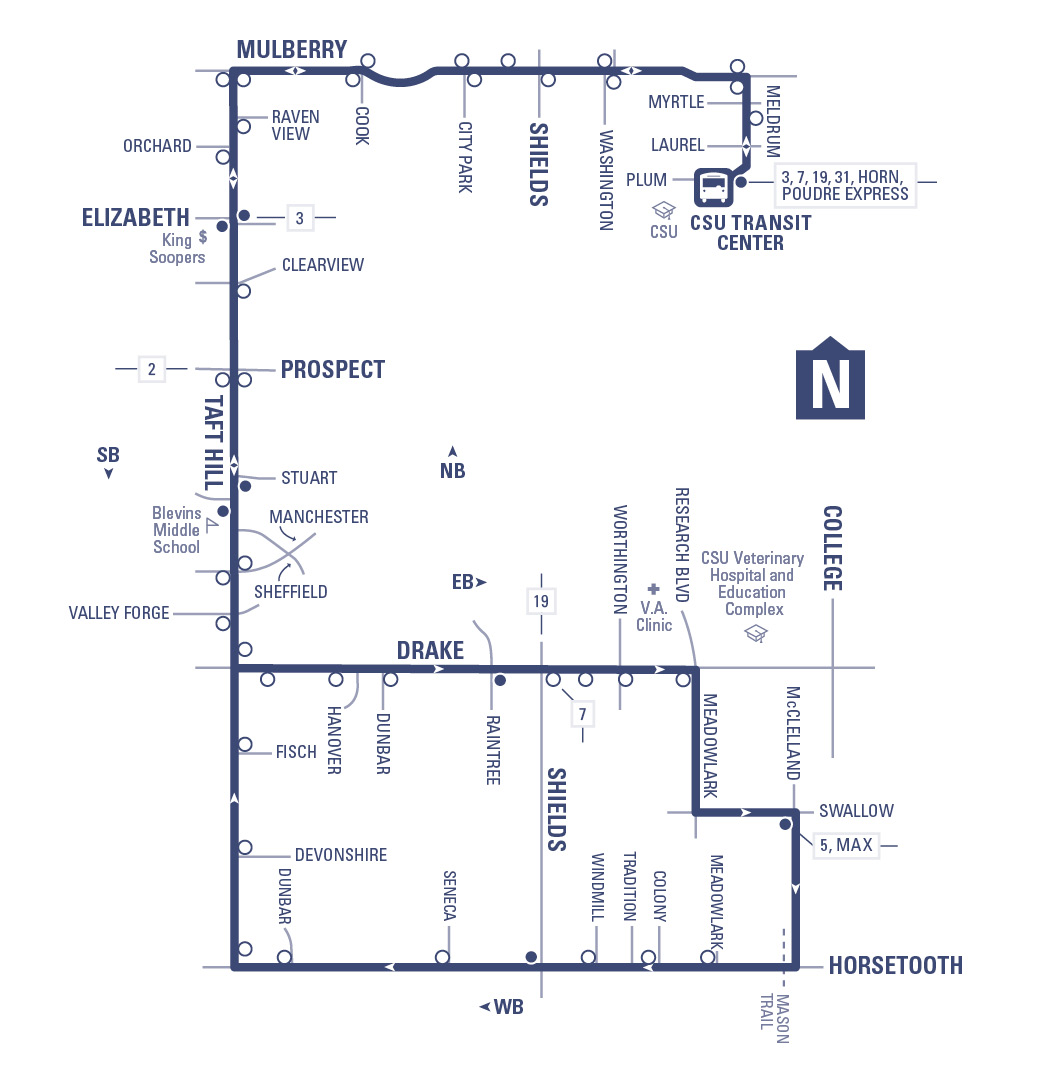 Route 6 - CSU Transit Center to Horsetooth and Mason via Mulberry, Taft Hill, and Drake (southbound) returning via Horsetooth and Taft Hill (northbound)