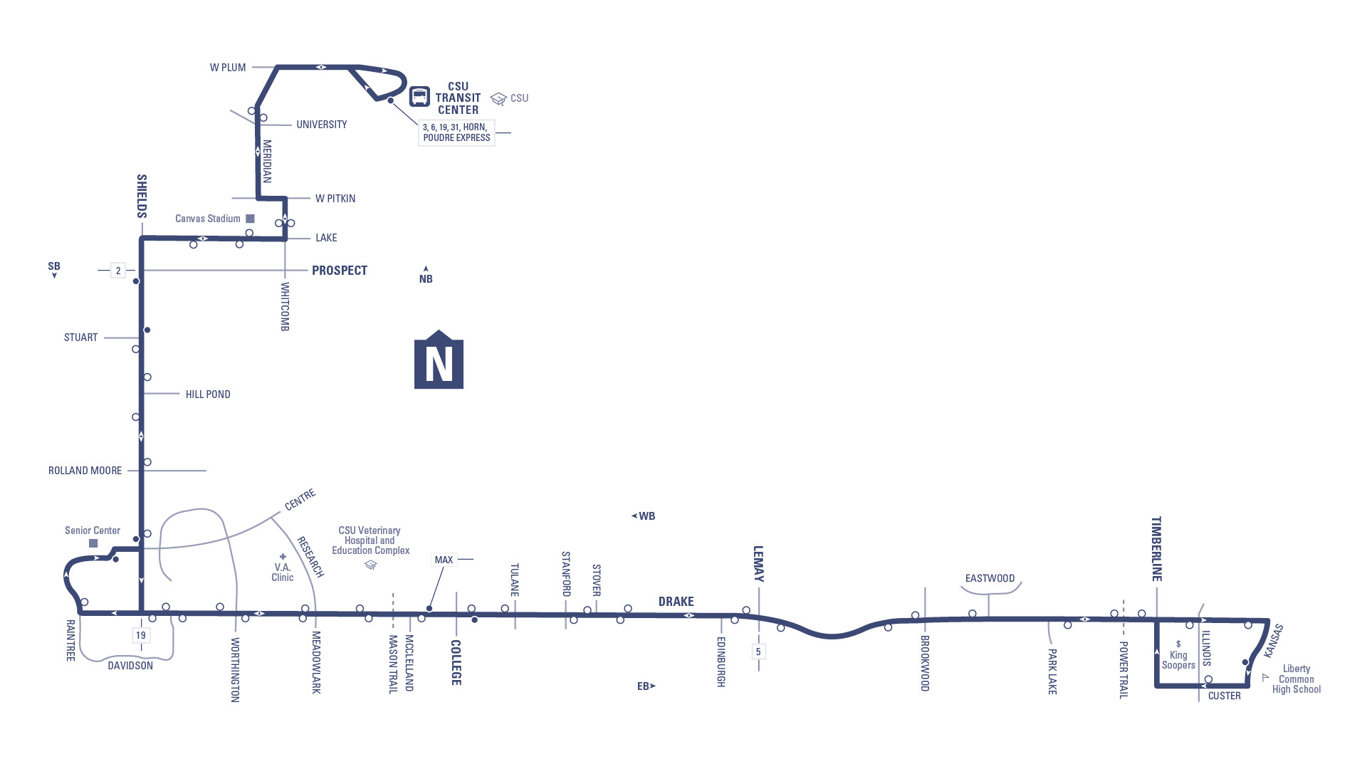 Route 7 - CSU Transit Center to Drake and Timberline via Meridian, Lake, Shields and Drake