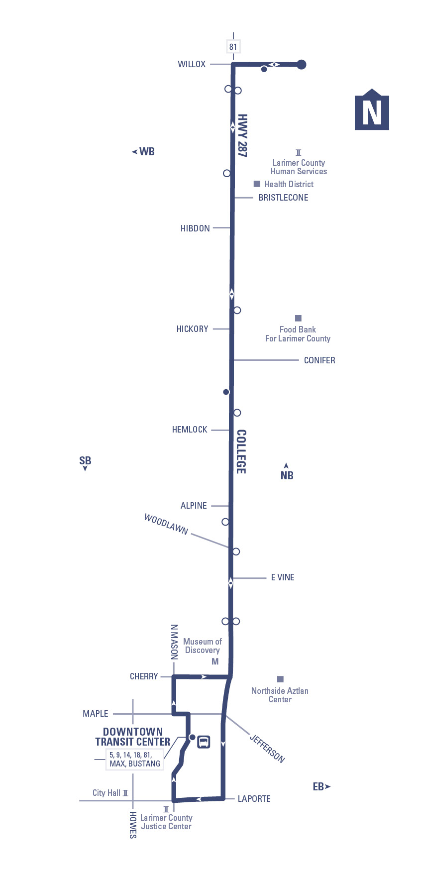 Route 8 - Downtown Transit Center to Willox via College (northbound) returning via College (southbound)