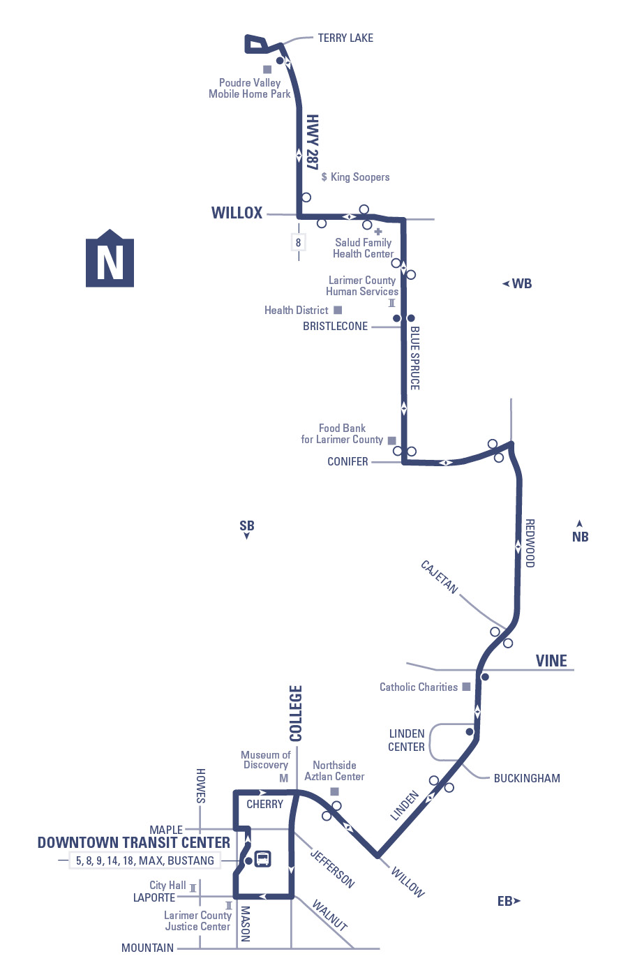 Route 81 - Downtown Transit Center to Terry Lake loop via Redwood and Blue Spruce (northbound and southbound)