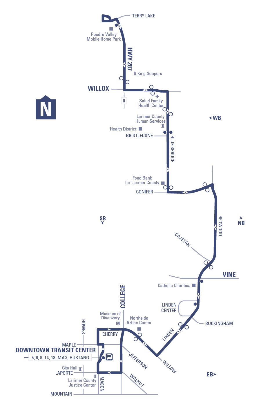 Route 81 - Downtown Transit Center to Terry Lake loop via Redwood and Blue Spruce (northbound and southbound)