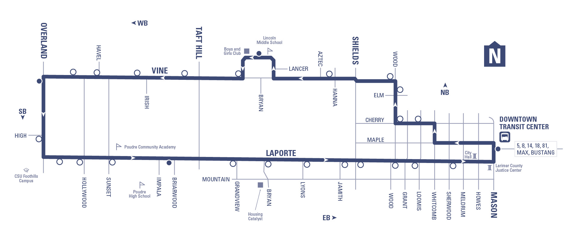Route 9 - Downtown Transit Center to Overland (loop) via Maple and Vine (westbound) and Laporte (eastbound)