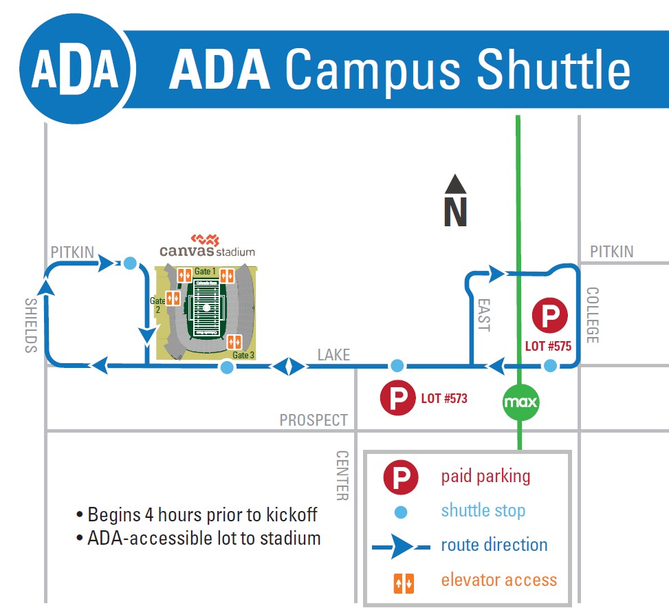 Map of campus shuttles used during game days from the parking lots to the stadium.